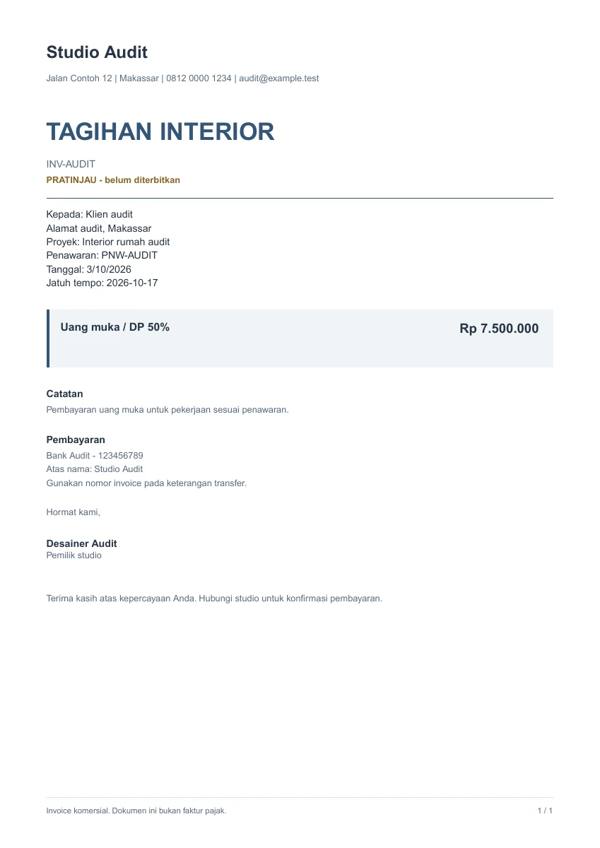 Contoh invoice PDF menggunakan data studio contoh